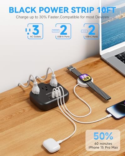 10FT Cruise Approved Power Strip with USB C - Black Flat Plug Extension Cord with 3 Outlets & 4 USB Ports (2 USB-C), No Surge Protector for Cruise, Kitchen, Bathroom, Travel