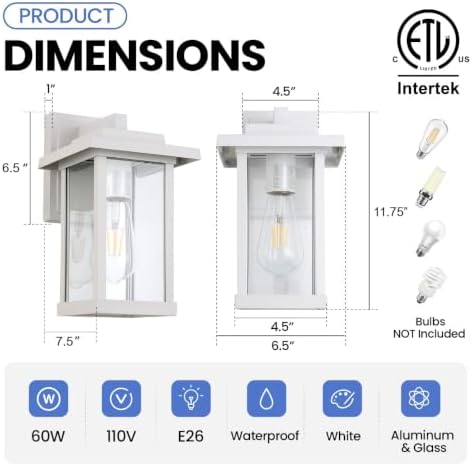 2 Pack Outdoor Wall Sconce White Exterior Wall Lights in Clear Glass