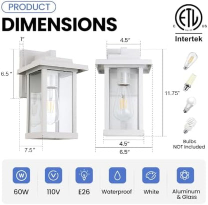 2 Pack Outdoor Wall Sconce White Exterior Wall Lights in Clear Glass