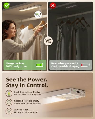 EZVALO Under Cabinet Lighting Wireless, 6Pack 12'' Rechargeable Closet Lights, LED Motion Sensor Indoor, Dimmable & 3 Color Temps Battery Operated with Power Display, for Kitchen, Stairs, Bookshelf