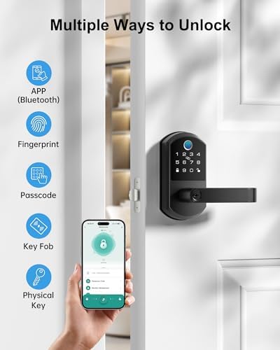 Smart Lock with Lever Handle, Keyless Entry Door Lock with Fingerprint, App Control, Passcode, IC Card & Key, Bluetooth Smart Door Lock for Front Door