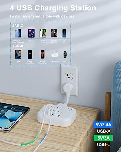 Short Extension Cord 3 Inch, Flat Plug Small Power Strip with 3 AC & 4 USB(1 USB-C), 1875W/15A, Multi Plug Outlet Extender, Non-Surge Protection for Cruise Travel Dorm Kitchen, White