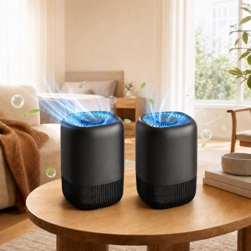 2-Pack of Air Purifiers for Home and Bedroom, Up to 1,076 Sq. Ft. Each, for Pet Hair, Odors, Pollen and Smoke, 3 Speeds, Timer, Aroma Function, 22 dB Sleep Mode, 360° Air Intake, Black