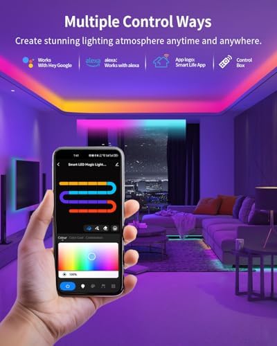 RGB+IC LED Strip Lights, Smart Bluetooth LED Light for Bedroom, Color Changing LED Strips with 44 Scene Modes, Segmented Control, for Room, Party, Festival, Gathering (32.8ft)