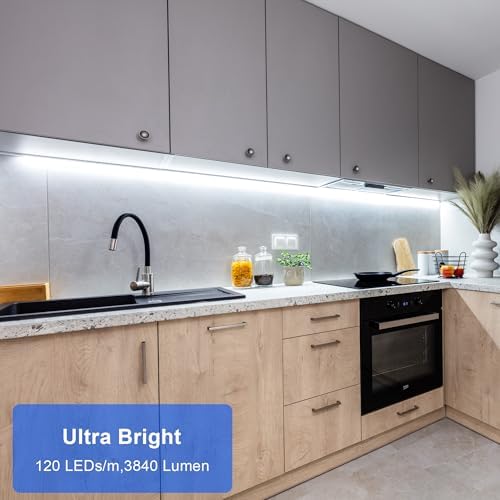 maylit Under Cabinet Strip Lighting Plug in 96in, Ultra Bright Small LED Light Bar, 6000K Cool White, 110V-120V Wired Lights for Kitchen Cabinet, Counter, Workbench, Desk, Closet, Shelf, Indoor