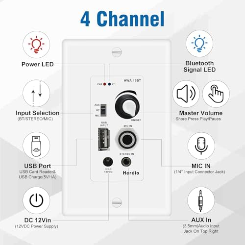 Herdio 8'' Bluetooth Ceiling Speakers 800W 2-Way Flush Mount Speakers System with Wall Amplifier Receiver for Home Theater Office (2 Pairs, Paintable-Grille)
