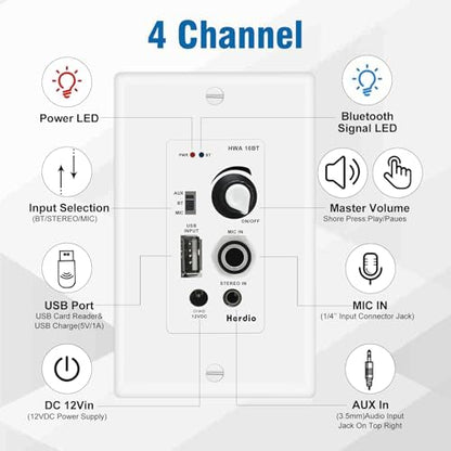 Herdio 8'' Bluetooth Ceiling Speakers 800W 2-Way Flush Mount Speakers System with Wall Amplifier Receiver for Home Theater Office (2 Pairs, Paintable-Grille)