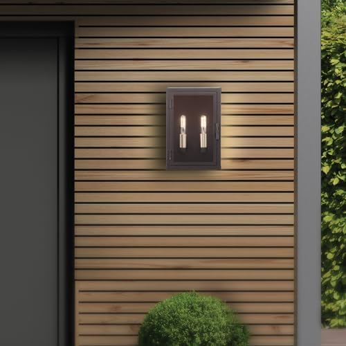 Globe Electric 60000131 2-Light Outdoor Wall Sconce, Dark Bronze, Matte Brass Accents, Weatherproof Glass Door Closure