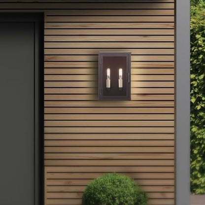 Globe Electric 60000131 2-Light Outdoor Wall Sconce, Dark Bronze, Matte Brass Accents, Weatherproof Glass Door Closure
