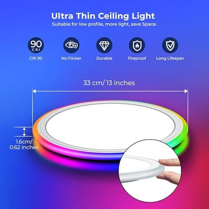 BLNAN Smart RGB LED Flush Mount Ceiling Light with Remote, 13 Inch 24W Dimmable Color Changing Low Profile Wired White Fixture, Works with Alexa Google Home App for Bedroom Living Kids Room Party