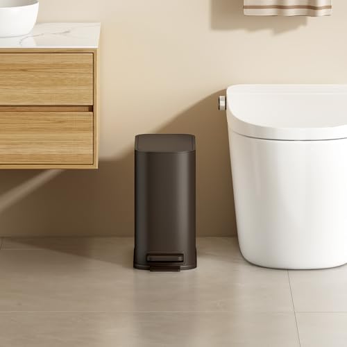 TIPGO Small Bathroom Trash Can with Lid Soft Close,1.3 Gallon, Brown