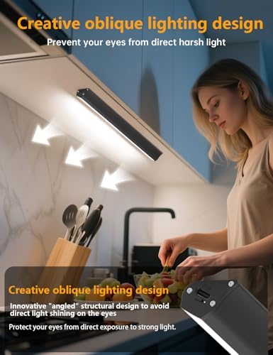 Under Cabinet Lighting Wireless, 2400mAh Rechargeable Cabinet Light, Battery Operated, Magnetic, Stick on, 106 LED 3-Color Shelf Lights, dimmable, with Remote Control(Black, 2-Pack, 12.2 inch