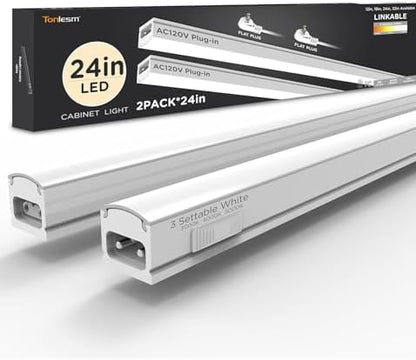 Under Cabinet Lighting Plug in AC120V 3CCT 3000/4000/5000K,Super Bright,Linkable Under Counter Lights for Kitchen,Ultra Slim LED Cabinet Light for Closet,Shelf,Sink,ETL Listed(24inch,White,2Pack)
