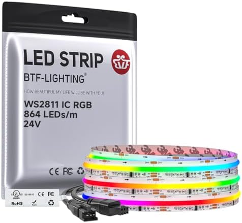 BTF-LIGHTING RGB WS2811 Smart IC FCOB COB LED Strip, UL Listed 864LEDs/m High Density Color Chasing Uniform Light, DC24V 9.8FT 12mm Width Tape Light for Home Party DIY Decor(No Adapter or Controller)