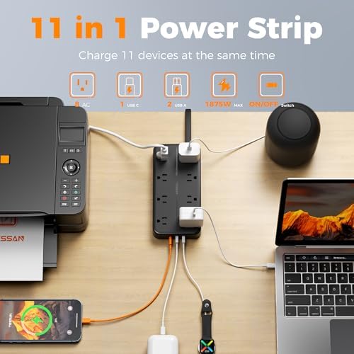 TESSAN Power Strip Surge Protector, 5FT Flat Plug Extension Cord