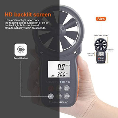 BTMETER BT-100 Handheld Anemometer, Digital Wind Speed CFM Meter Gauge Air Flow Velocity Tester for HVAC Shooting Drone, Wind Chill, 14℉-113℉ Wind Temperature