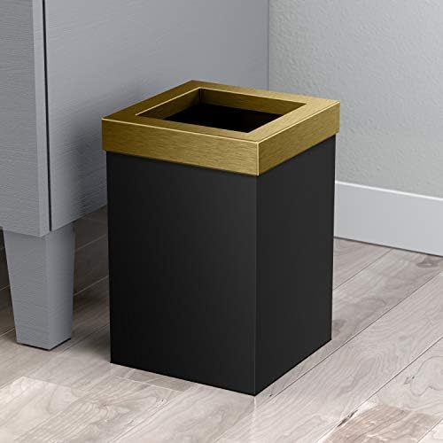 Gatco Small Bathroom Trash Can With Lid, Square 3 Gallon Stainless Steel Wastebasket, Under Sink, Matte Black And Brushed Brass, For Bathroom, Bedroom, Office (1934)