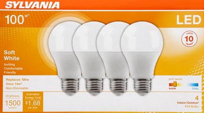 Sylvania LED A19 Light Bulb, 100W = 14W, Non-Dimmable, Frosted Finish, 1500 Lumens, 2700K, Soft White - 4 Pack (78101)