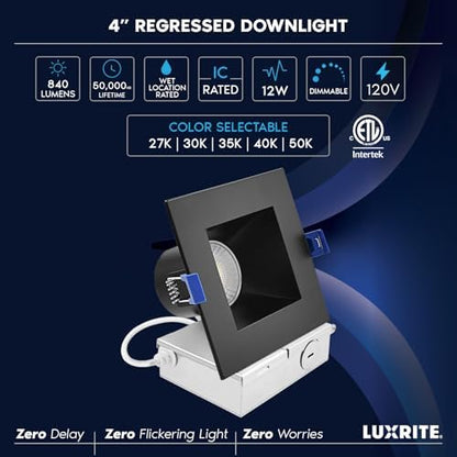 LUXRITE 4 Inch Square LED Recessed Ceiling Light with J-Box, CRI90, 12W, 5CCT Selectable 2700K-5000K, 840 Lumens, Dimmable Canless Downlight, Wet Rated, IC Rated, ETL, Black Trim (4 Pack)