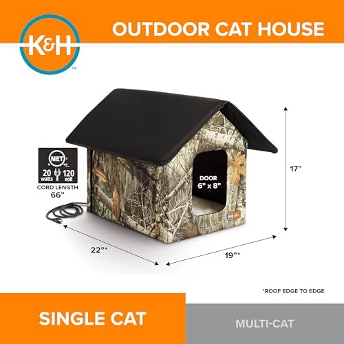 K&H Heated Cat House, Outdoor Kitty Shelter, Safety Listed, 20W, Camo
