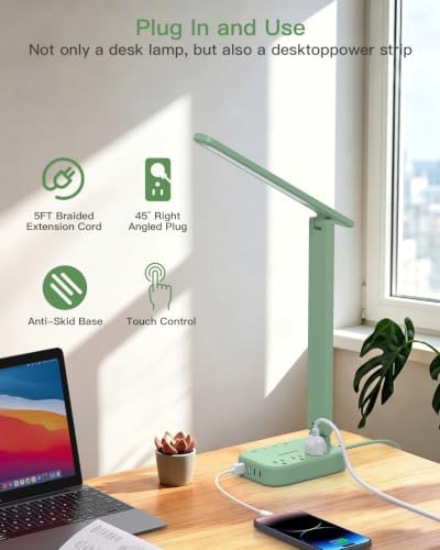 LED Desk Lamp Power Strip with 4 USB 3 Outlets, Dorm Room Essentials, Green