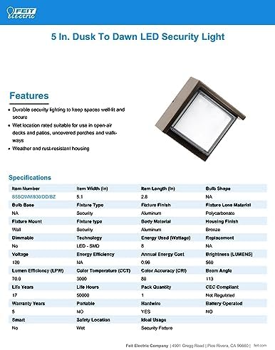Feit Electric S5sqwm/830/Ddbz 7.5 Watt 500 Lumen 3000 Kelvin Bronze Dusk to Dawn Square Led Wall Light