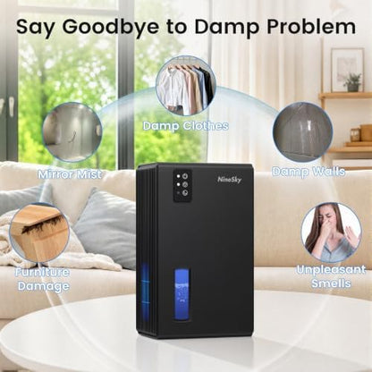 NineSky Dehumidifiers for Home, 1000 Sq.Ft Dehumidifier with 95oz Water Tank, Quiet Dehumidifier for Basement Bathroom Bedroom with 7-Color Ambient Light & Auto Shut Off, Black