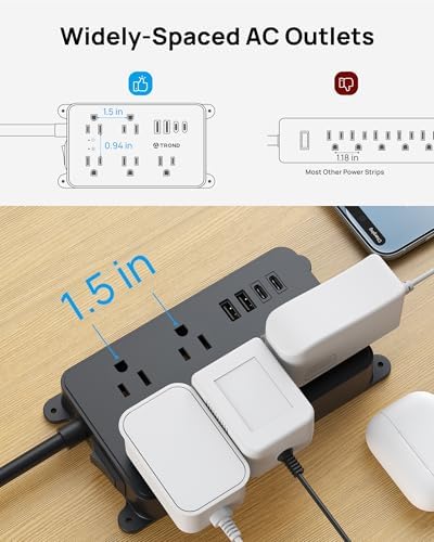 TROND 360° Rotating Flat Plug Power Strip, 3ft Extension Cord, Black