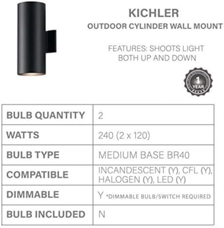 Kichler Cylinders 15" 2-Light Outdoor Cylinder Wall Sconce in Black, (15" H x 5.75" W), 9246BK