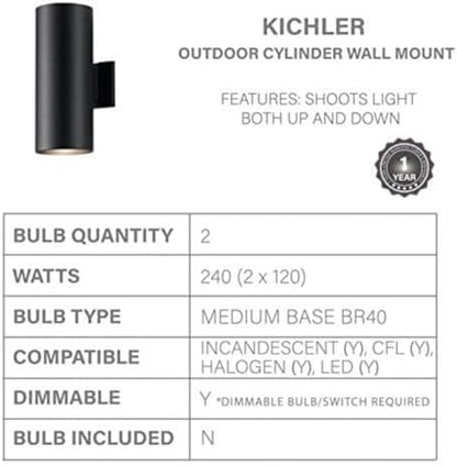 Kichler Cylinders 15" 2-Light Outdoor Cylinder Wall Sconce in Black, (15" H x 5.75" W), 9246BK
