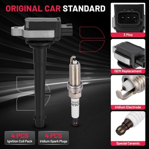 BDFHYK 4 Ignition Coil Pack UF591 and 4 Iridium Spark Plug 5118 Compatible with Nissan 2007-2009 Sentra 2.0L l4 Coil for 5C1075 C651 CUF246 C246