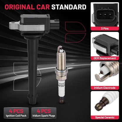 BDFHYK 4 Ignition Coil Pack UF591 and 4 Iridium Spark Plug 5118 Compatible with Nissan 2007-2009 Sentra 2.0L l4 Coil for 5C1075 C651 CUF246 C246