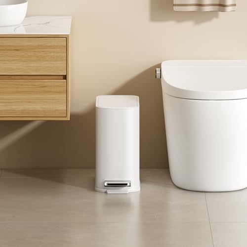 TIPGO Small Bathroom Trash Can with Lid Soft Close,1.3 Gallon, White