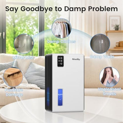 NineSky Dehumidifiers for Home, 1000 Sq.Ft Dehumidifier with 95oz Water Tank, Quiet Dehumidifier for Basement Bathroom Bedroom with 7-Color Ambient Light & Auto Shut Off, White
