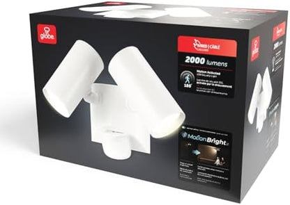 Globe Electric 180-Degree 22W Twin Head White Wired Motion Activated Diecast Architectural Security Light, Spotlight, Outdoor, Outside House Lights