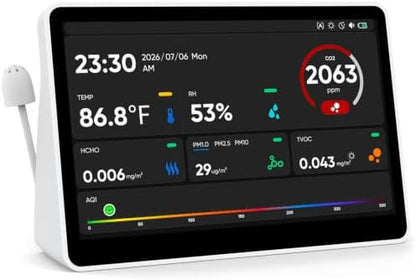 18 in 1 Air Quality Monitor Indoor,15D & 24H History, 7" TFT CO2 Monitor