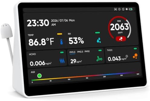 18 in 1 Air Quality Monitor Indoor,15D & 24H History, 7" TFT CO2 Monitor