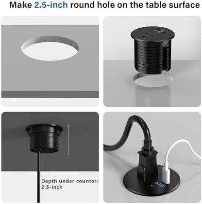 2.5 inch Power Grommet,20W USB-C Charging,1 Outlet with 2 USB C,1 USB Port,Furniture Flush Mount for Desktop,Recessed Power Strip,Workspace Essential Desk Outlet (Black, 6 FT)