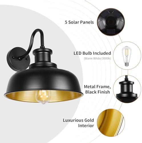 Solar Barn Light for Outside, Outdoor Wall Lights Solar Powered, Farmhouse Exterior Wall Sconce, Industrial Outside Lighting Fixture, Rustic Lantern Works with Gooseneck Barn Shed Garage Patio