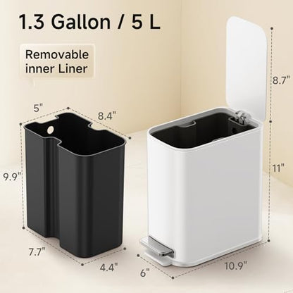 TIPGO Small Bathroom Trash Can with Lid Soft Close,1.3 Gallon, White
