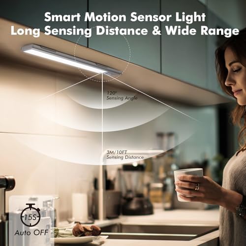 2 Pack Under Cabinet Lighting, 3 Colors & Dimmable Motion Sensor Light Indoor, 900mAh Rechargeable Under Cabinet Lighting Magnetic for Kitchen, Stairs, Closets, White(ABS+PC)