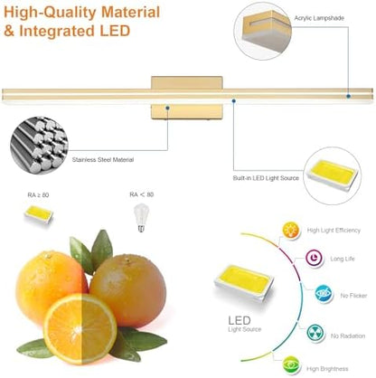 SineRise LED Modern Bathroom Vanity Light Fixtures (40-Inch, 3000K/4000K/6000K, Dimmable), Gold Modern Acrylic Bathroom Wall Lighting Fixtures Over Mirror