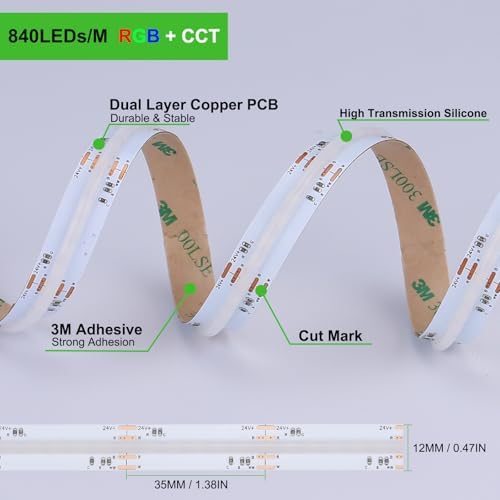 JOYLIT 24V RGBCCT COB LED Strip 5-in-1 32.8FT 840 LEDs/M Dotless Indoor