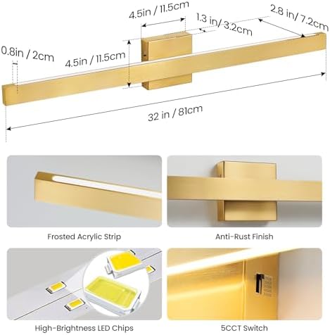 Modern Bathroom Vanity Light Gold Bathroom Light Fixture Over Mirror 32 Inch 26W Dimmable 5CCT LED Vanity Light Bar for Bathroom Mirror Cabinets Bedroom