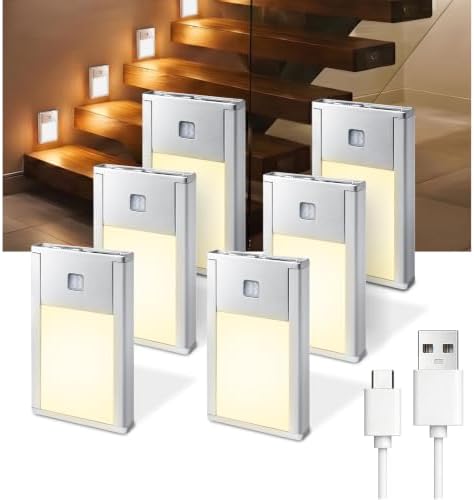 VST Motion Sensor Step Night Light, Rechargeable Battery Powered Led Light with Magnetic Suck Installation for Bedroom Hallway Stair Nursery Kids Room (2.68 inch 3000K 6Pack Silver)