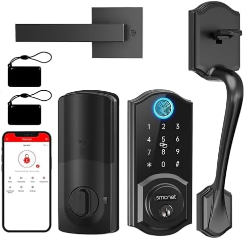 SMONET Smart Lock for Front Door, Keyless Entry Door Lock with Handle Set, Fingerprint Digital Keypad Deadbolt with App Control, Bluetooth Smart Lock, Auto Lock, Alexa Compatible, Black