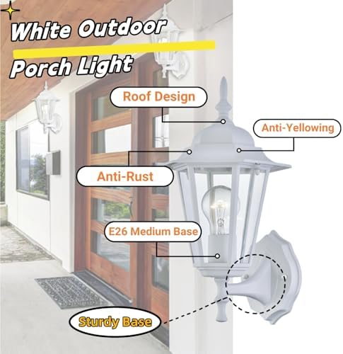 WISBEAM White Outdoor Wall Lantern, Outdoor Wall Sconce for House Porch Lighting Fixture, E26 Base 60W Max, Metal Housing Plus Glass, Wet Location Rated, ETL Qualified, Bulbs not Included