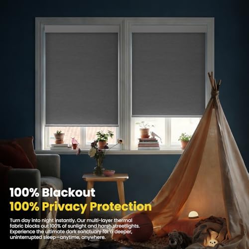 Motorized Automatic Cordless Roller Shades - Electric Blinds with Remote Control, Smart Blinds (Grey, 46 x 72)