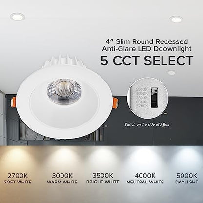 Maxxima 4" Anti-Glare LED Downlight Canless, 1200 Lumens, 5 CCT, White
