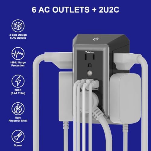 Multi Plug Wall Outlet Surge Protector with 6-Outlet & 4 USB Ports(2USB-C)
